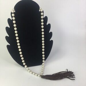 Faux pearl tassel necklace 30" hand knotted